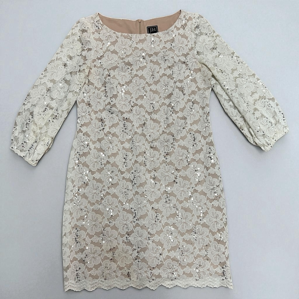 JH Collectibles Evenings Women’s 14 White Lace Sequin Sheath Dress Lined